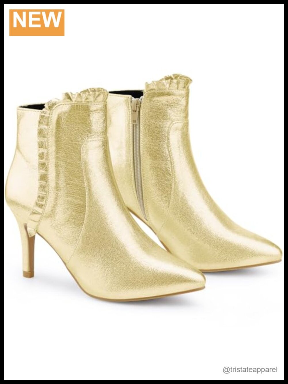 Women's Ankle Booties Stiletto Heel Metallic Faux Leather Pointed Toe Ruffle Zip
